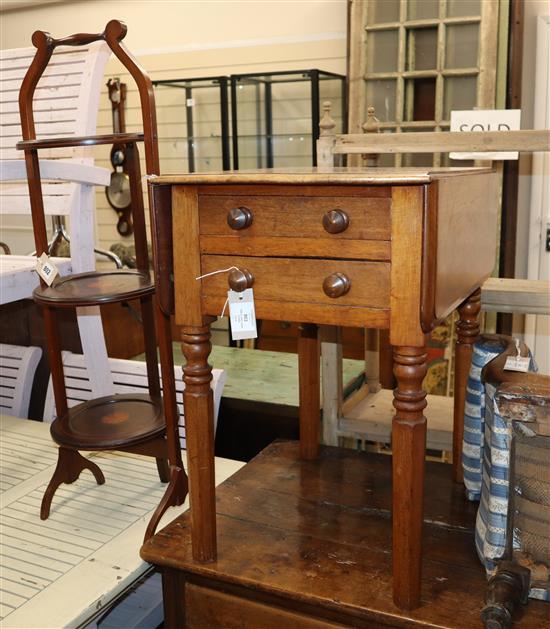 A Victorian work table and an Edwardian cake stand W.27.5cm